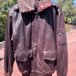 Orvis Dark Brown Leather Bomber Jacket with Shearling Collar